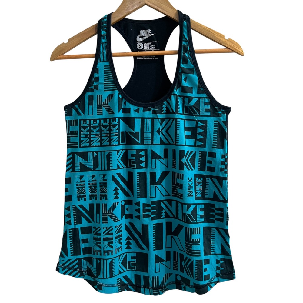Nike Tank Top Womens Small Teal Blue Black Logo Print Racerback Athleisure Gym
